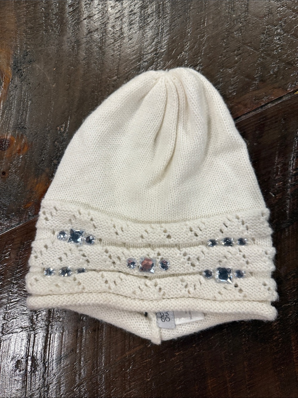 Charming Charlie Cream Knit Beanie with Gem Embellishments